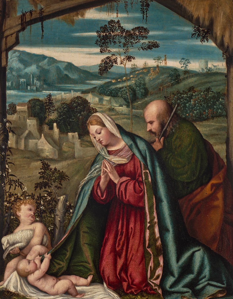 De Heilige Familie in een Landschap door Moretto da Brescia