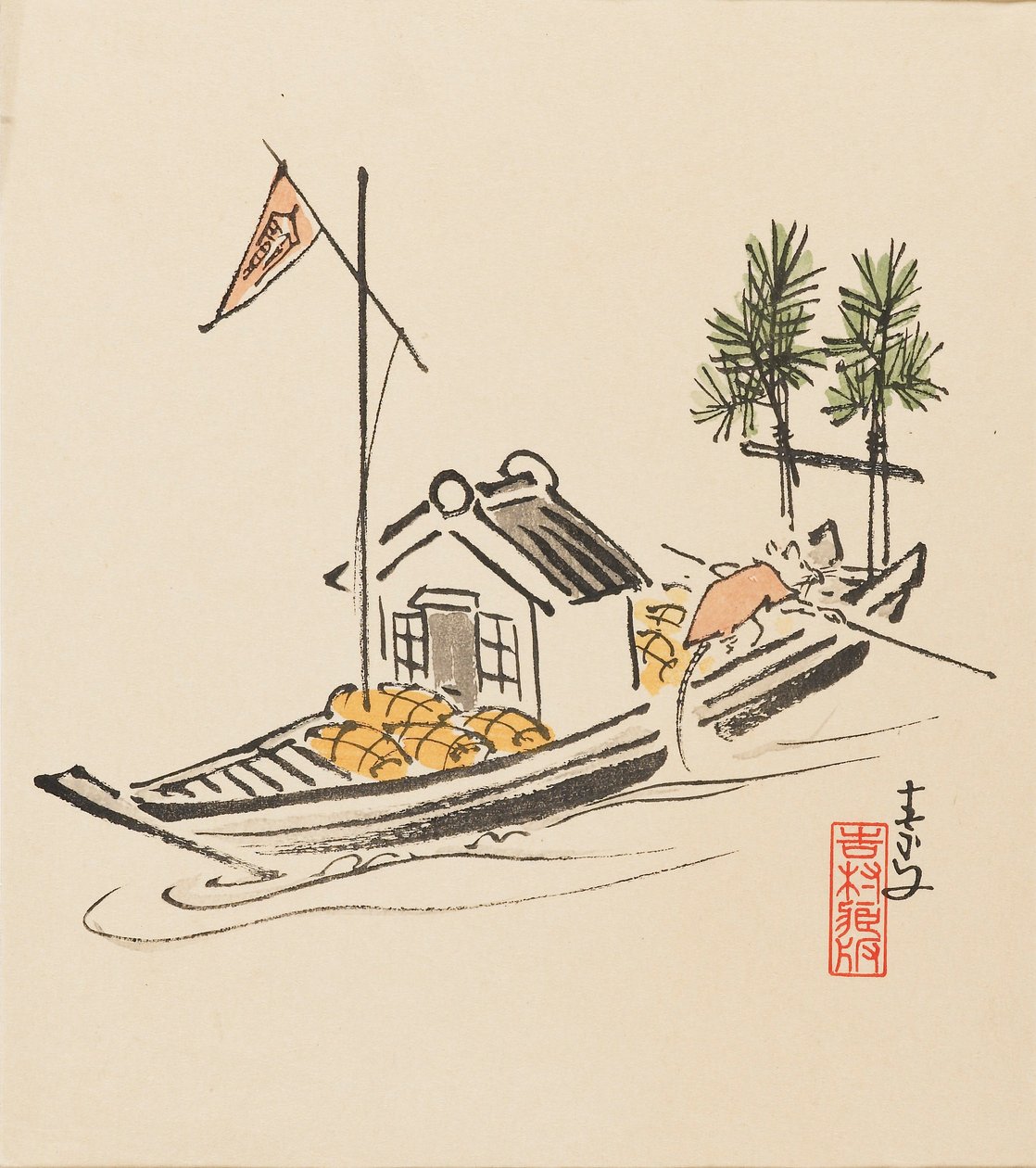 Houtsnede - Takarabune gepolst door rat, eind 19e eeuw door Morikawa Sobun