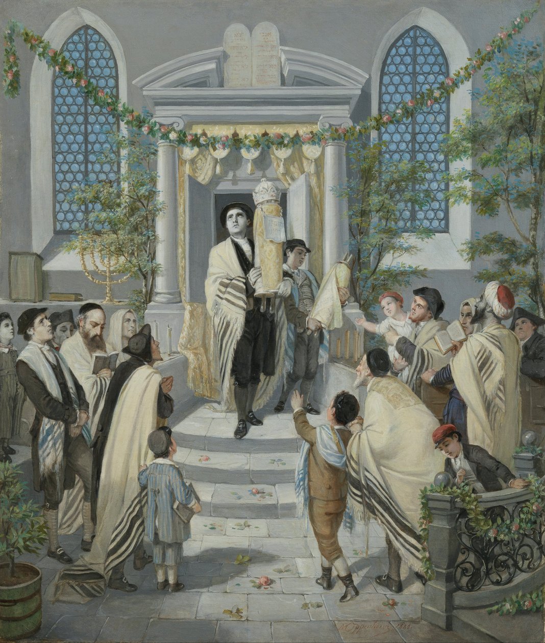 Shavuot (Pinksteren) (Het feest der weken of Pinksteren) door Moritz Daniel Oppenheim