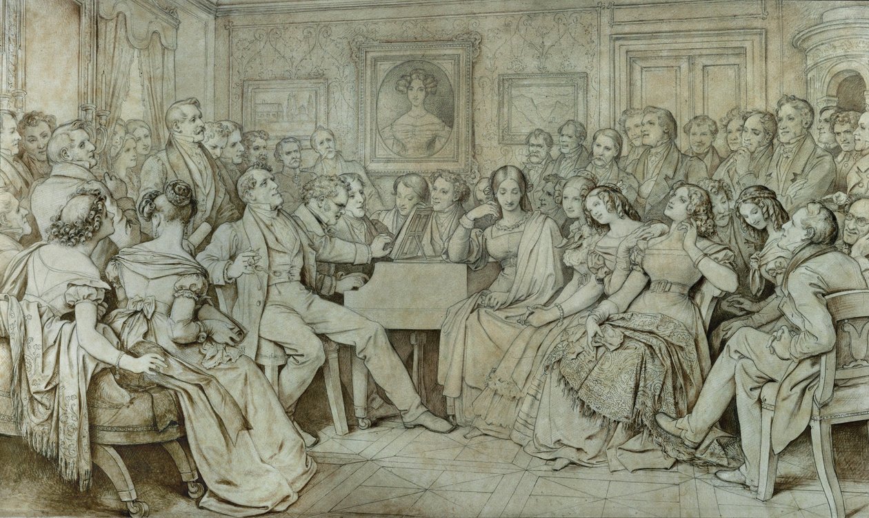 Een avond bij Baron Spaun, Schubert aan de piano, tenor Johann Michael Vogl zingt ... (inkt, sepia) door Moritz Ludwig von Schwind