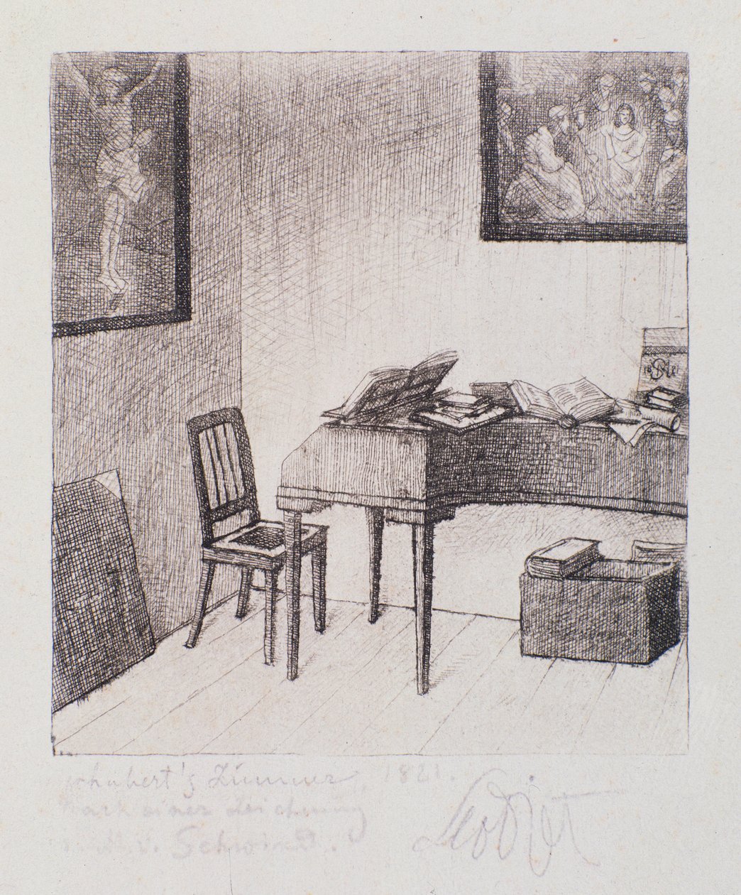 Zicht op de kamer van Franz Schubert (gravure) door Moritz Ludwig von Schwind