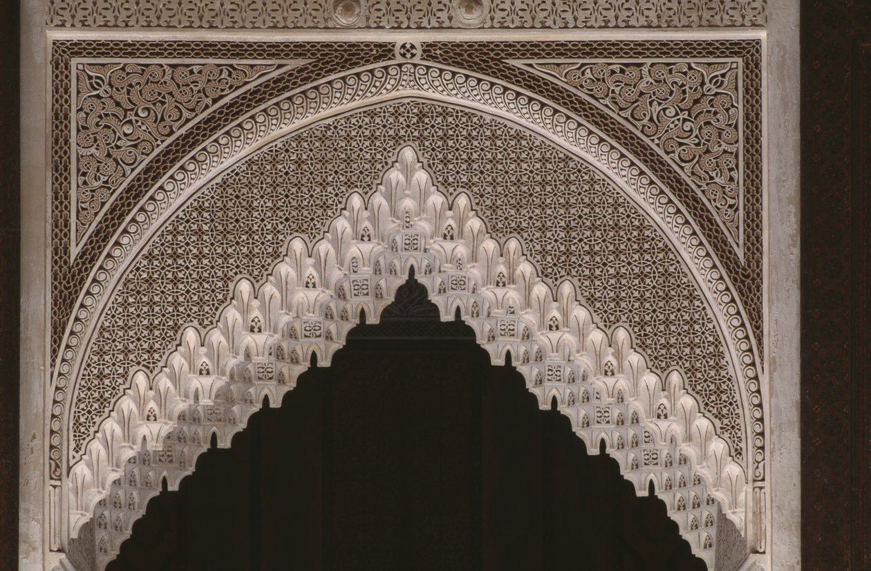 Kasbah van Thamiel glaoui, stucwerk, detail (keramiek) door Moroccan School