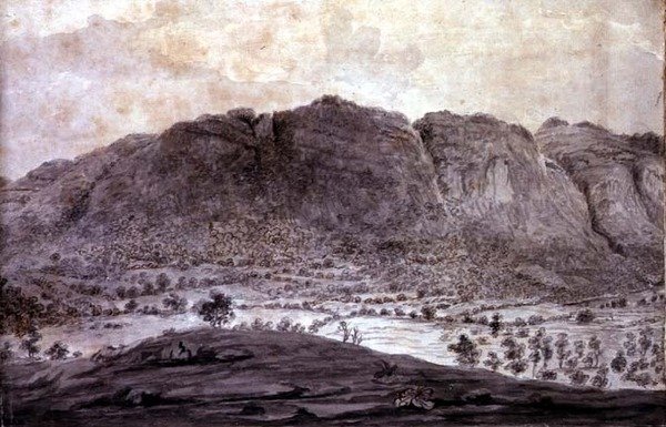 Panoramisch uitzicht op Derwentwater en de Vale of Keswick, detail van bergen, ca. 1772 door Moses (attr. to) Griffith