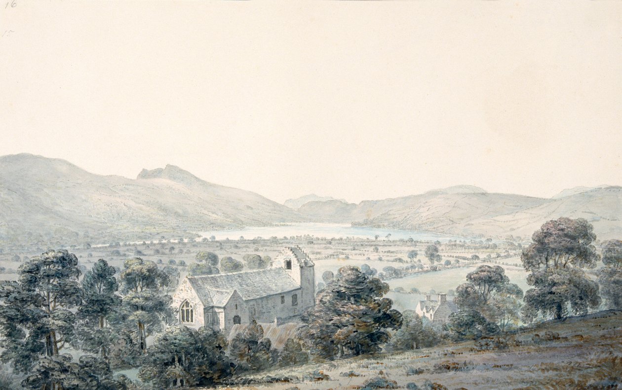 Uitzicht op Bala Pool, Llyntagit, van boven Llanfawr Kerk, Meirionethshire door Moses Griffith