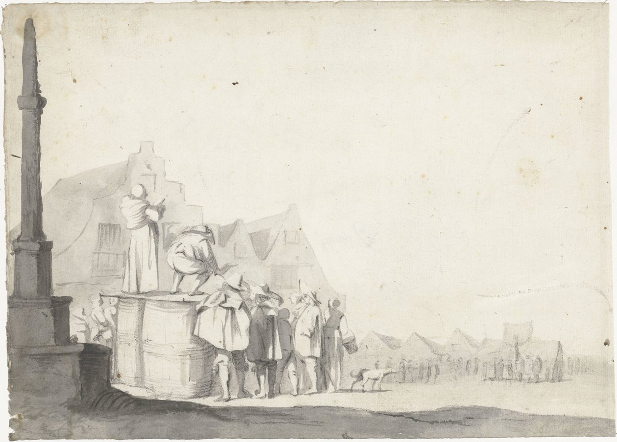 Marktplein met omroeper op een vat door Moses ter Borch (possibly)