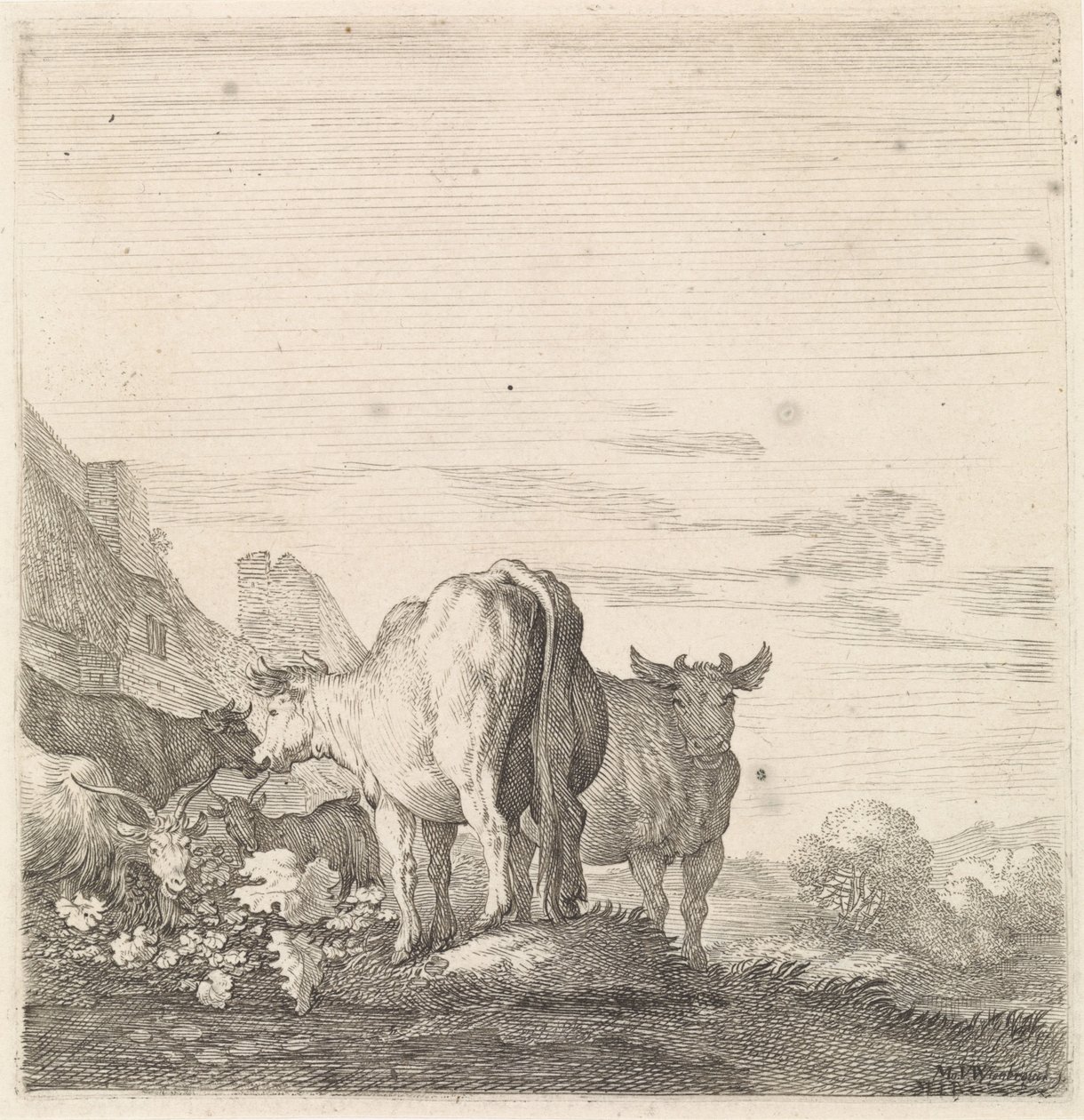 Koeien en geiten in een landschap met huizen door Moyses van Wtenbrouck