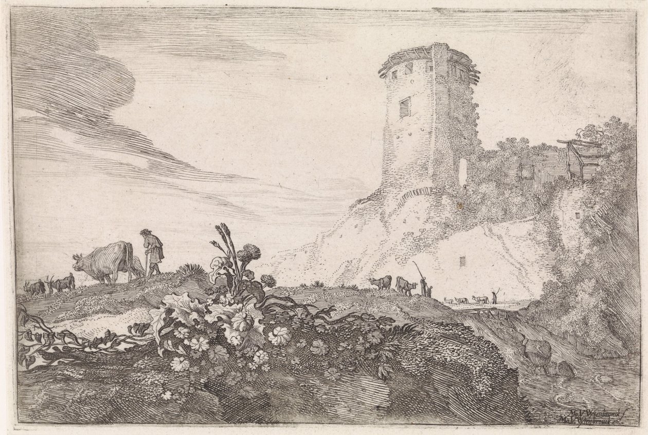 Landschap met ronde toren door Moyses van Wtenbrouck