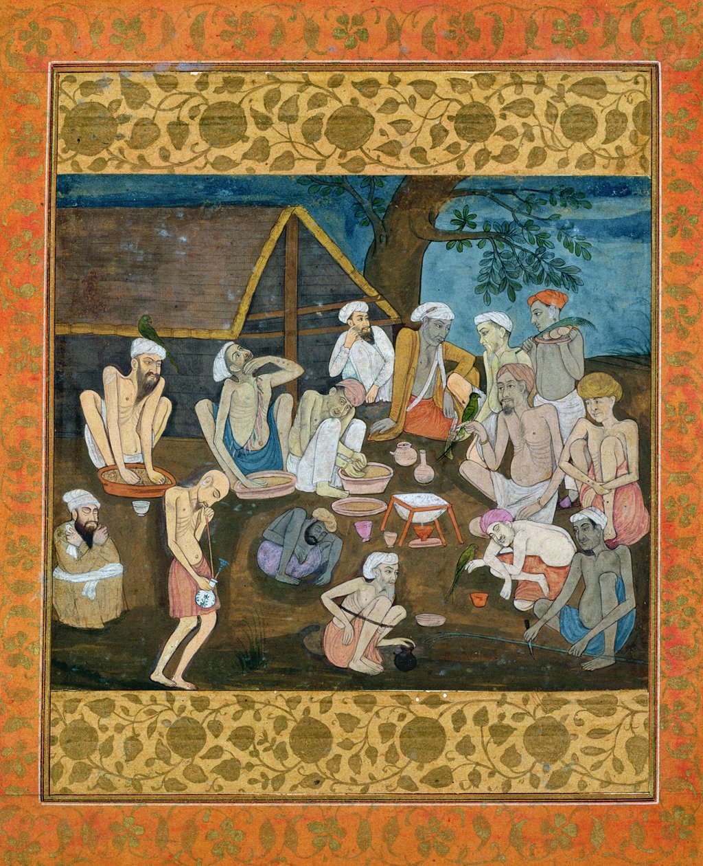 Vergadering van fakirs die bhang en ganja bereiden, uit het Grote Clive Album door Mughal School