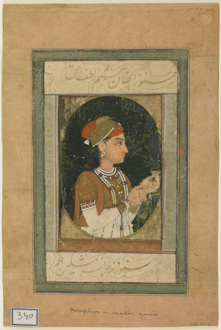 Portret van een prinses, Album folio met schilderij, midden 18e eeuw door Mughal School