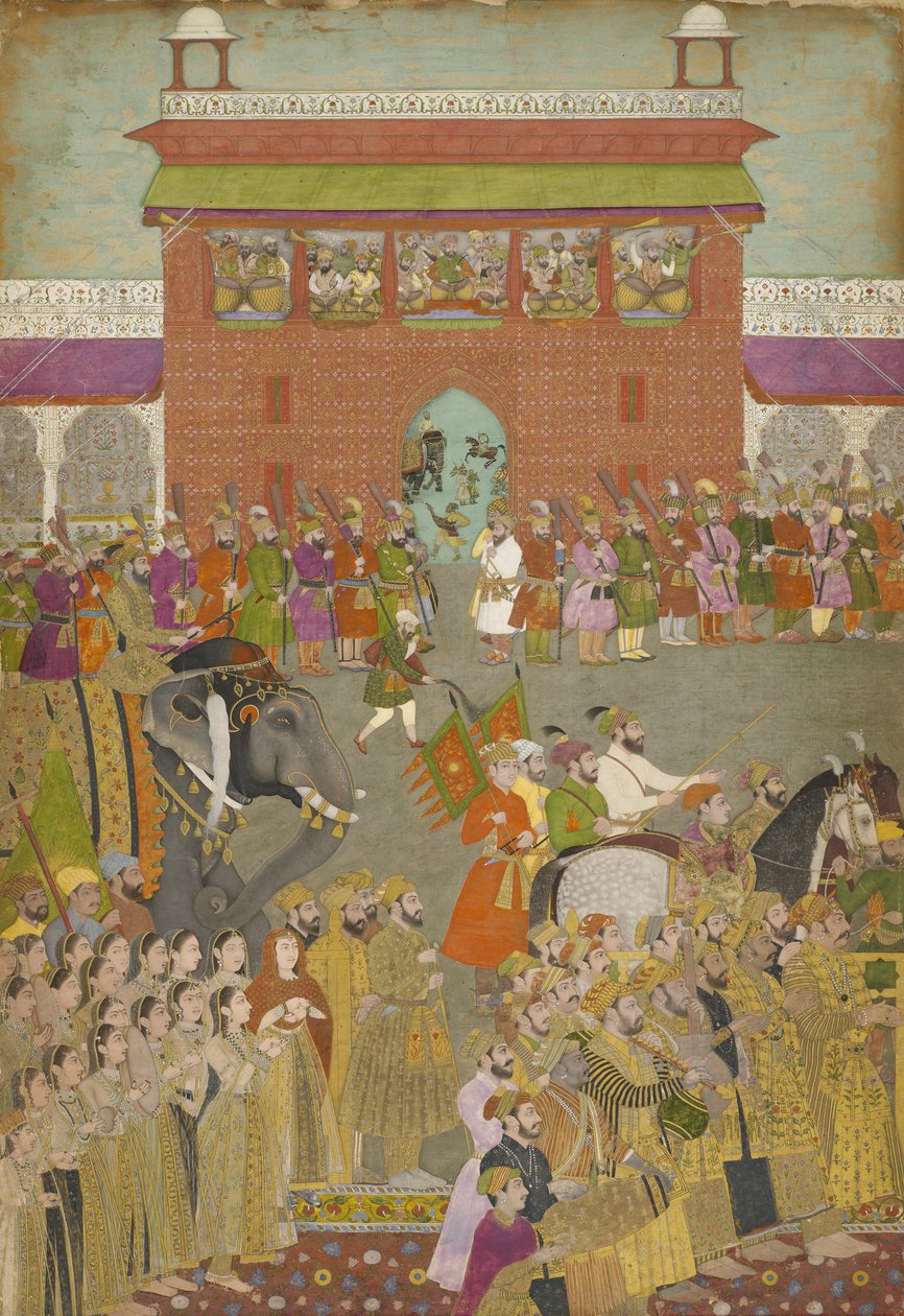 Een Processiescène met Muzikanten, uit een kopie van de Padshanama, Mughal periode, midden 17e eeuw door Mughal School