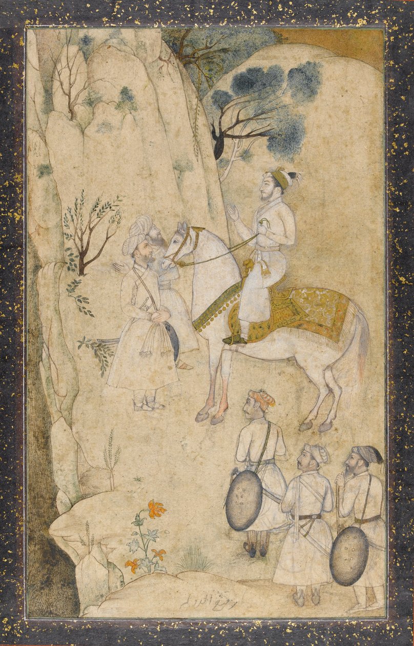 Een prins te paard, met vijf bedienden, kijkend naar een waterval door Mughal School