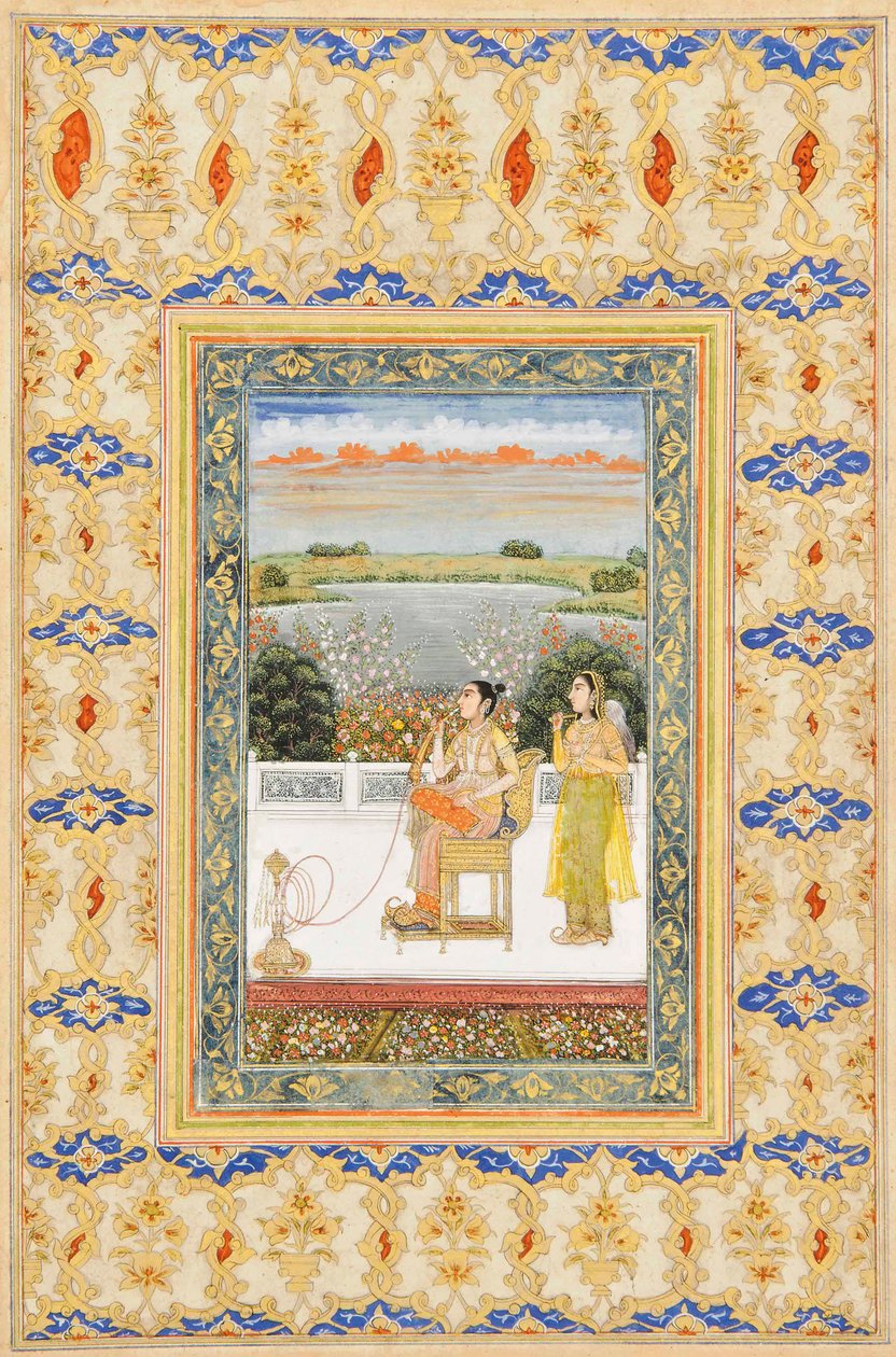 Albumblad: Gulbadan Begum rookt op een terras, Delhi, ca. 1800 door Mughal School