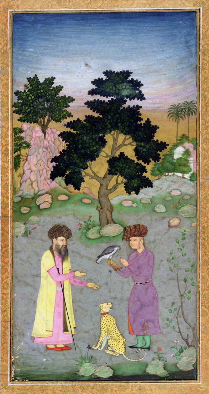 Valkenier met metgezel en huisdier cheetah, uit het Small Clive Album, c.1610-15 door Mughal School