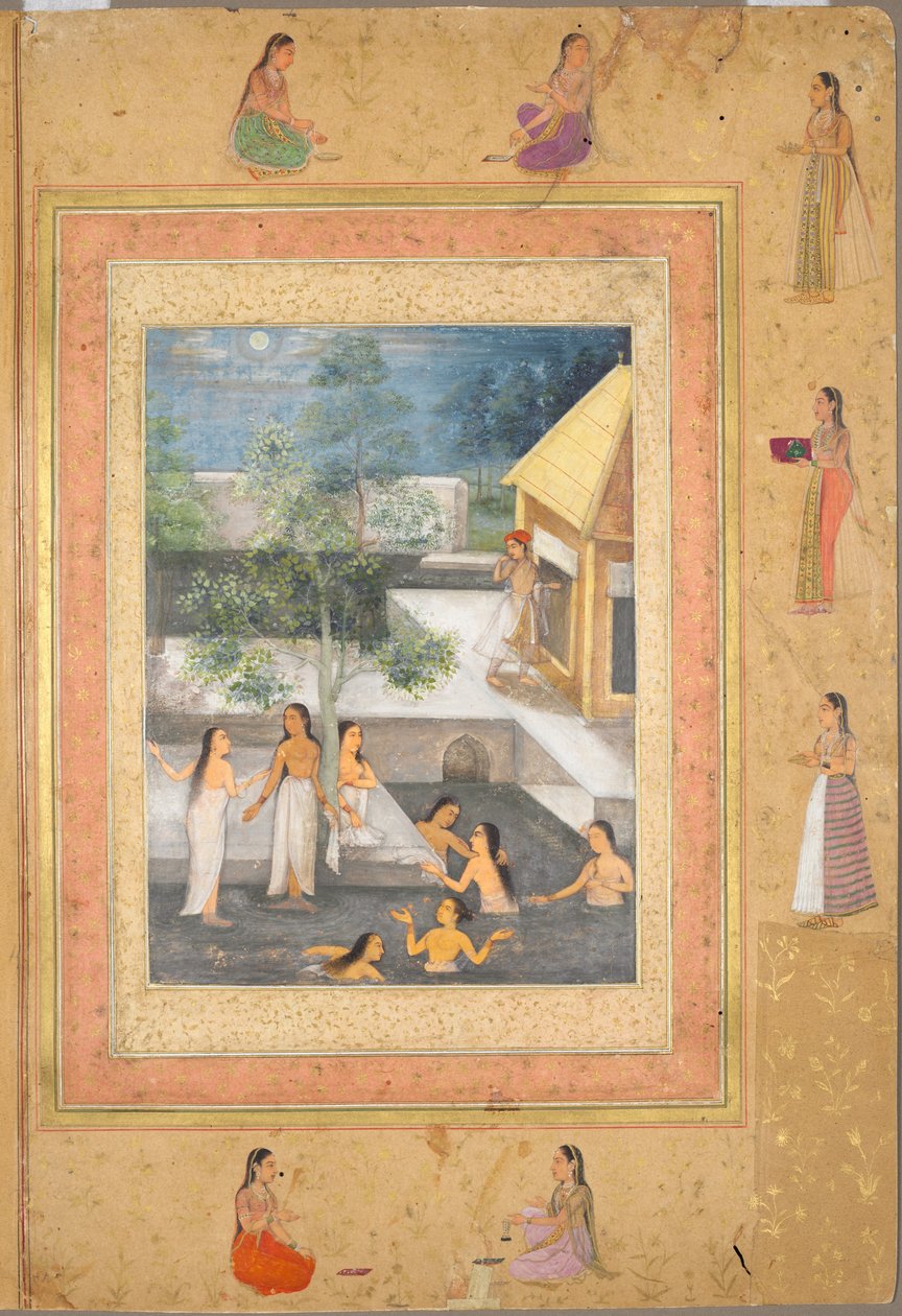 Harem nacht-badscène (recto): kalligrafie omlijst door een decoratieve rand van bloemen en vogels (verso), ca. 1650 door Mughal School