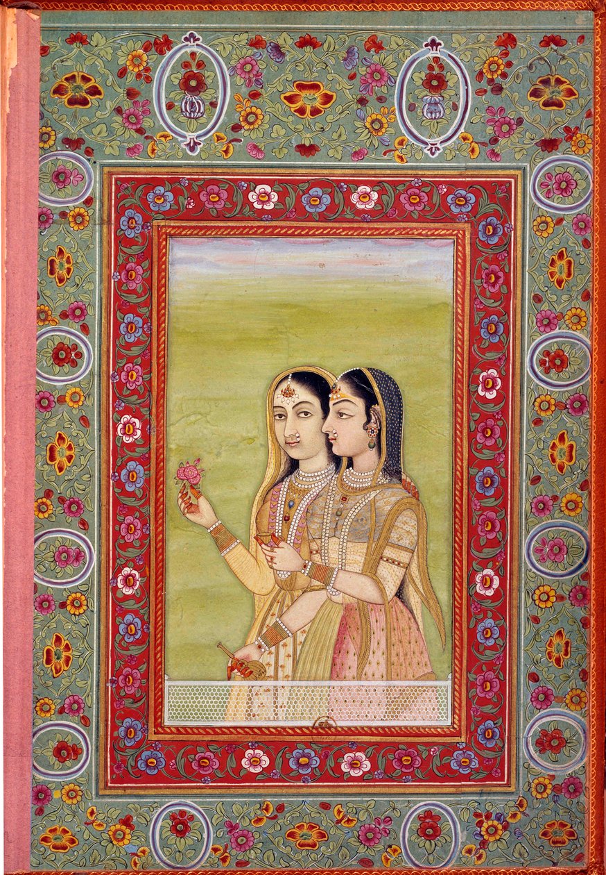Indiase kunst: miniatuur die twee vrouwen voorstelt. 17e eeuw (Mogolperiode) door Mughal School