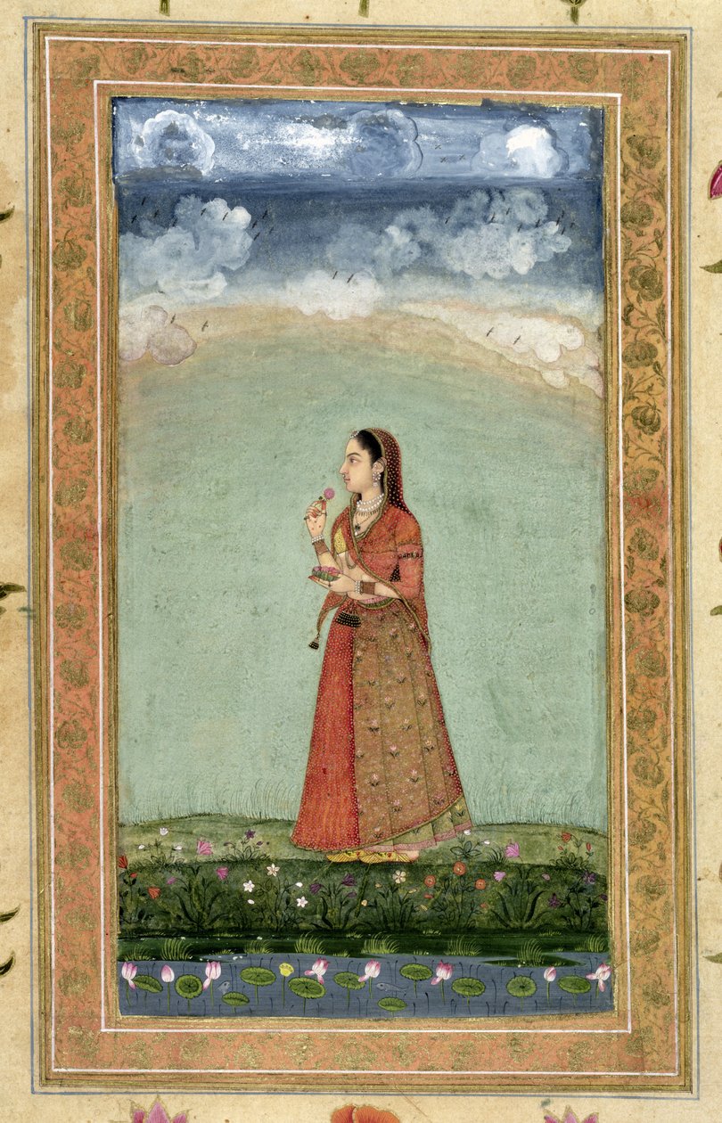 Dame met een kom rozen, uit het Kleine Clive Album door Mughal School