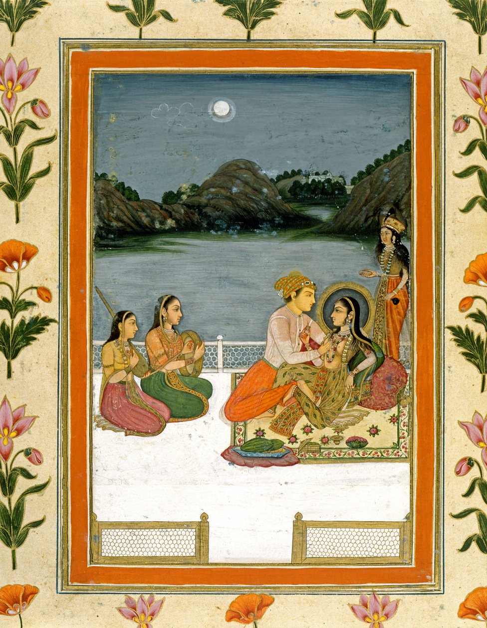 Liefhebbers op een terras bij een maanverlichte meer, uit het Kleine Clive Album door Mughal School