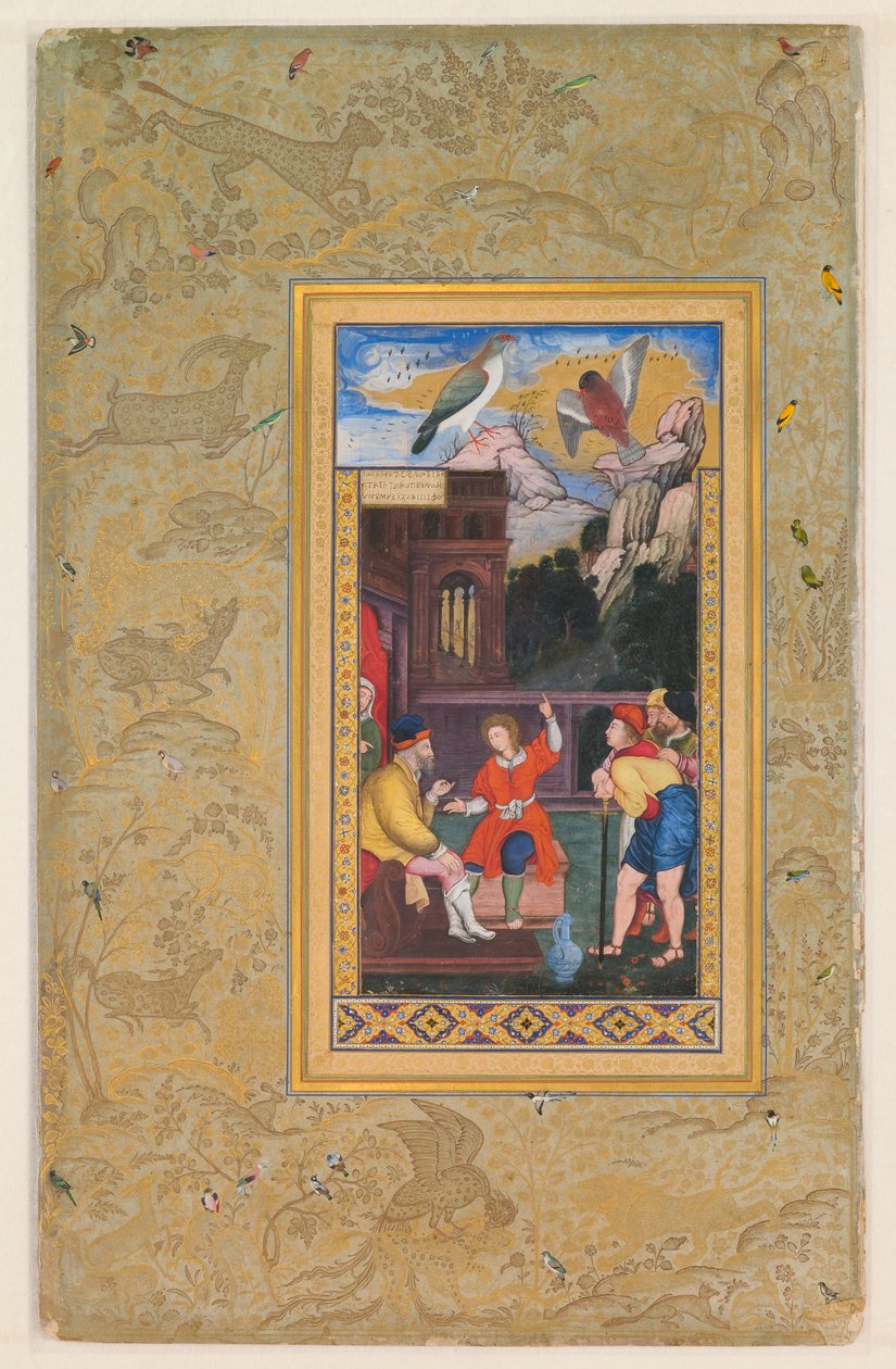 Bladzijde uit een Album gemaakt voor Jahangir, verso: Jozef vertelt zijn droom aan zijn vader, recto kalligrafie eerste helft 16e eeuw; verso afbeelding ca.1590; album ca.1608-19 (aquarel, goud en inkt op papier) door Mughal School