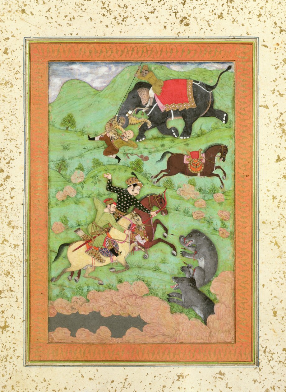 Rajput prinsen jagen op beren; een mahout en zijn olifant redden een gevallen ruiter van een tijger, uit het Large Clive Album door Mughal School