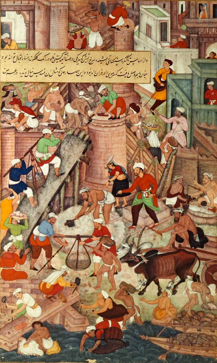 Het Rode Fort in Agra tijdens de bouw, uit het 