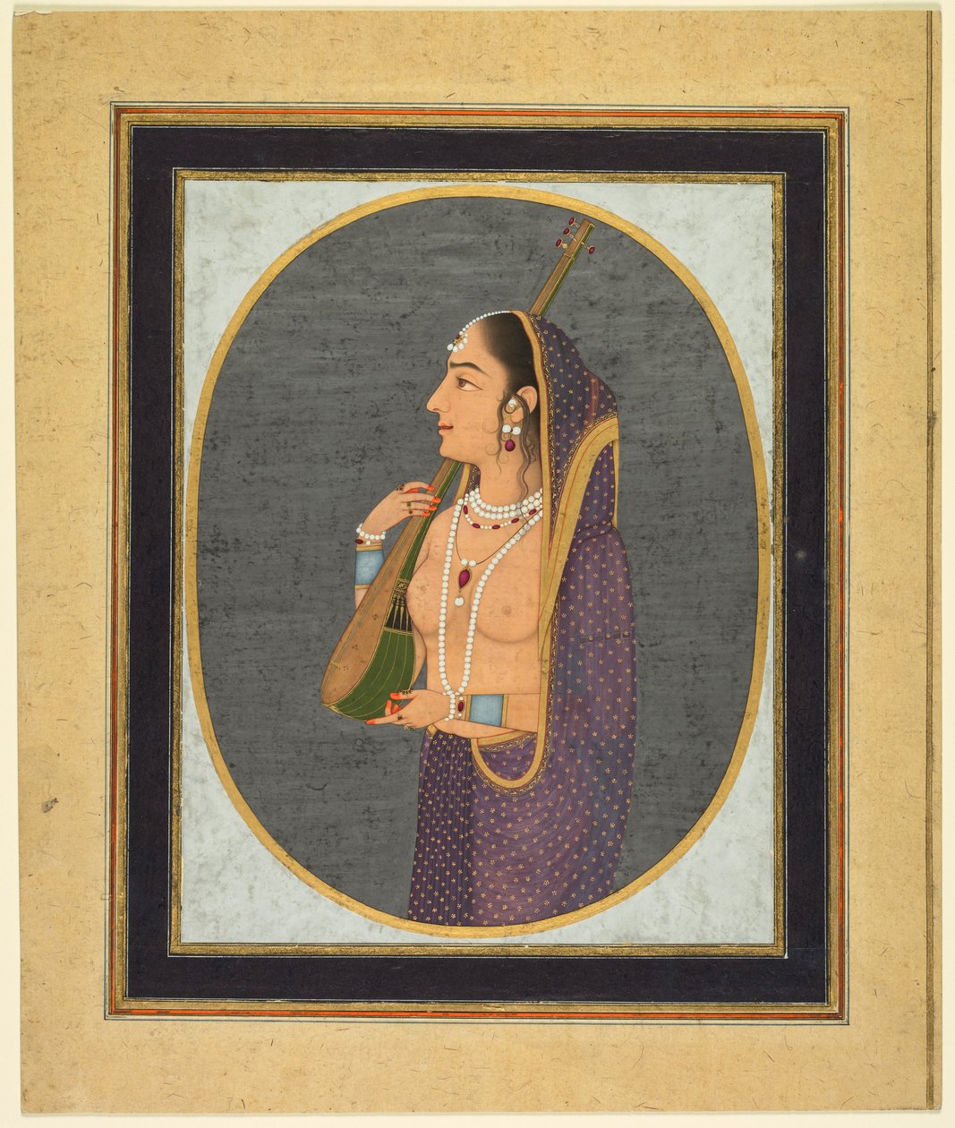 Hofdame zingt en speelt vina, ca. 1760 (dekkende aquarel, inkt en goud op papier) door Muhammad Riza i Hindi