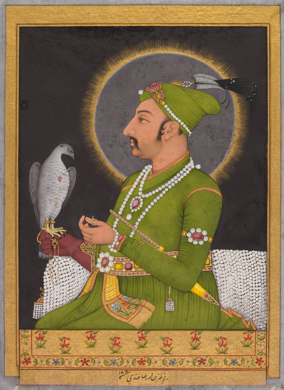 Postuum portret van de Mughal keizer Muhammad Shah regeerde 1719-1748...recto, 1764 door Muhammad Rizavi Hindi