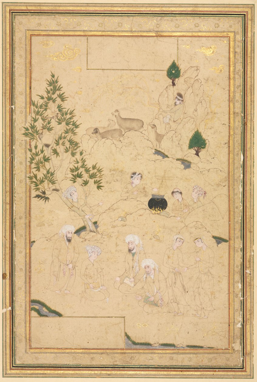 Picknick in de bergen, enkele pagina illustratie, ca. 1550-1600 door Muhammadi