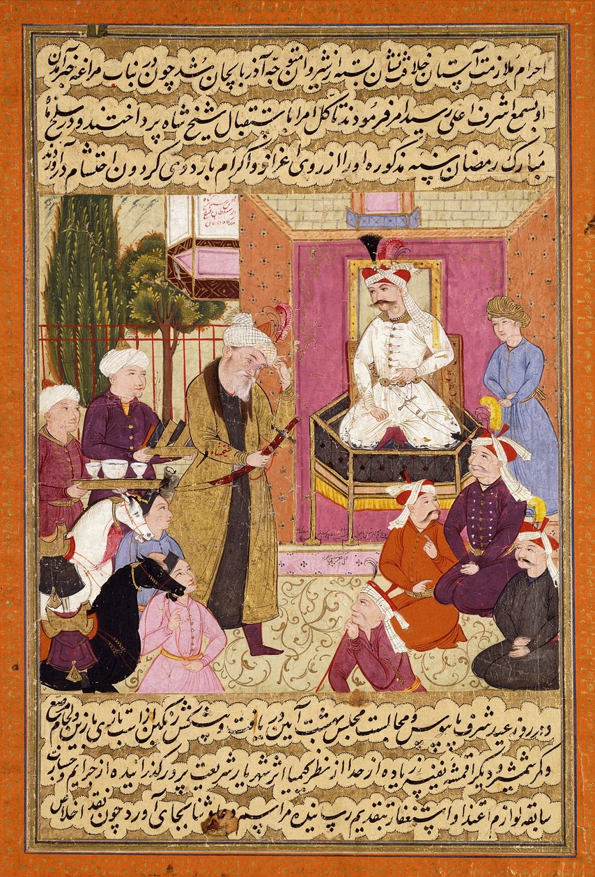 Shah Abbas op weg tussen Sherwan en Azerbeidzjan, ontvangt Sher Shah, c. 1688 door Muin Musavvir