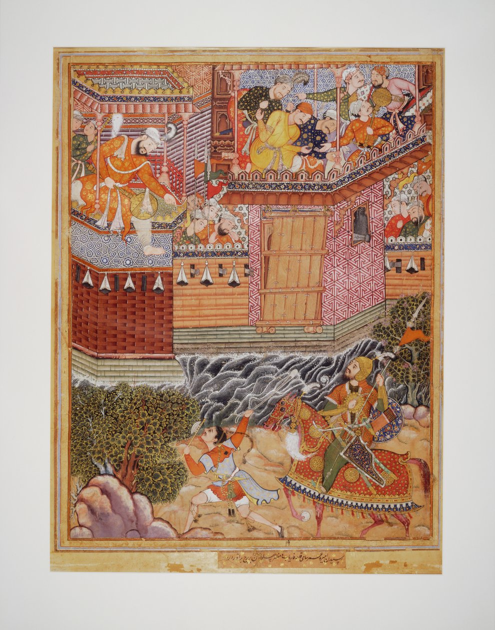 Hamza en Umar wisselen beledigingen uit met
Ghazanfar en dagen hem uit voor een gevecht
buiten het fort van Armanus, ca. 1570 (Dekkende aquarel, inkt en goud op doek
met papieren drager) door Mukhlis & Madhva Khurd