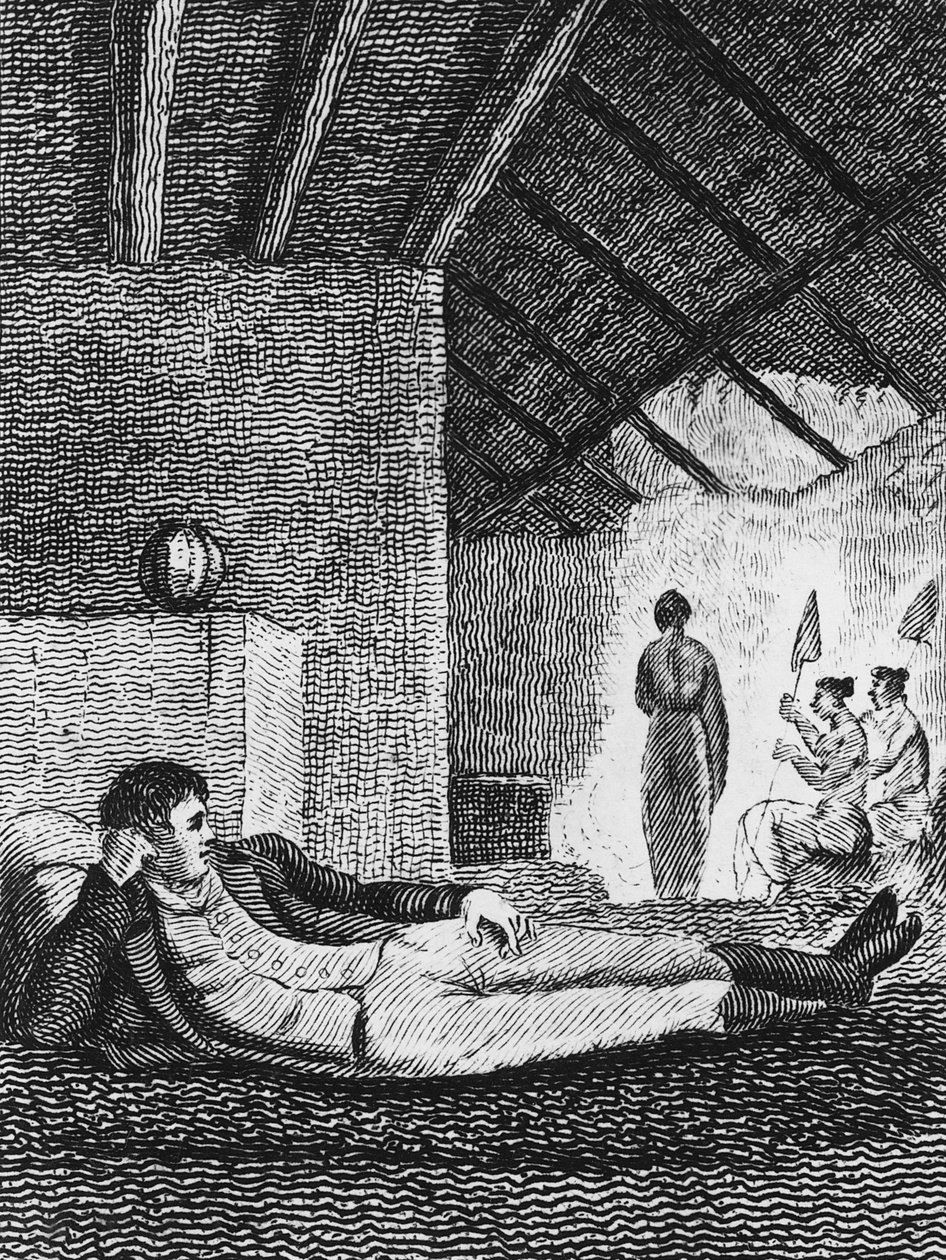 Park rust in een inheems hut tijdens zijn reizen, 1816 door Mungo Park