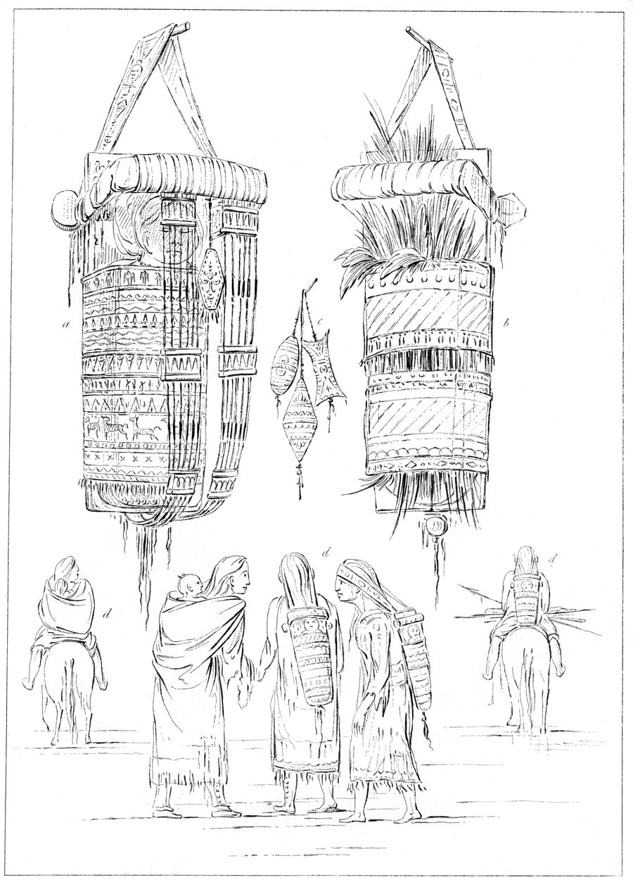 Een Sioux Wieg en Manieren om Hun Kinderen te Dragen, 1841 door Myers and Co