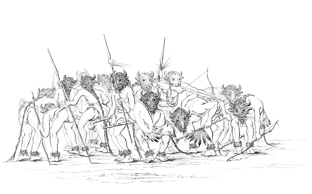 Inheemse Amerikaanse jagers dansen met buffelmaskers, 1841 door Myers and Co