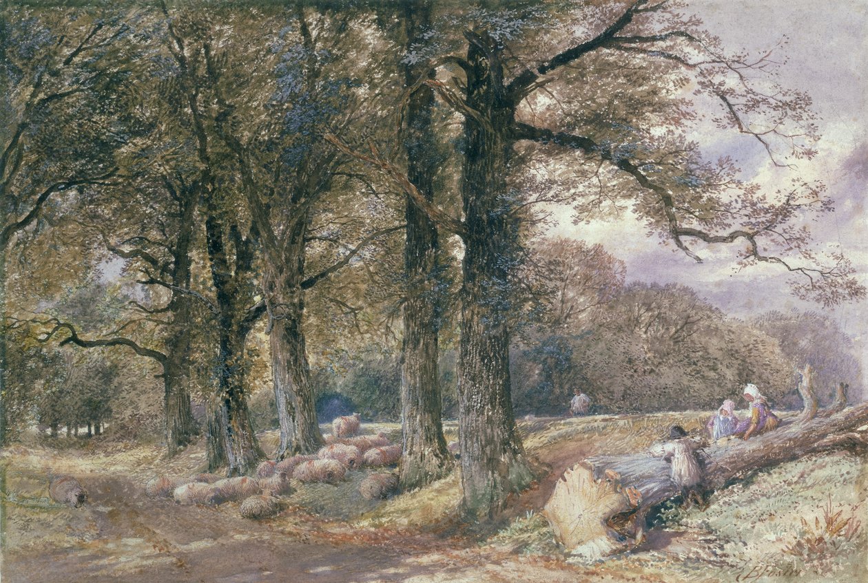 Kinderen zittend op boomstam door Myles Birket Foster