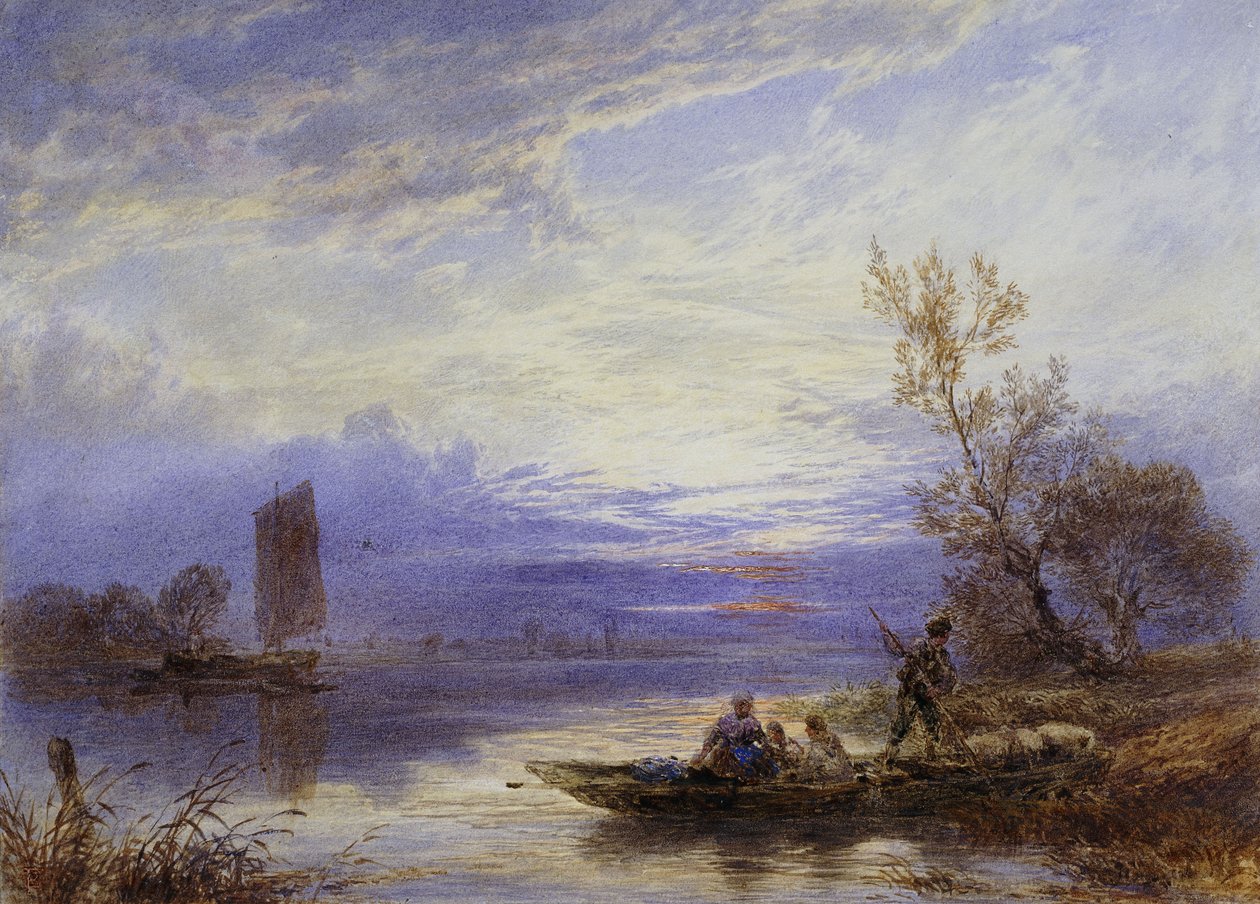 Een Veerboot bij Zonsondergang door Myles Birket Foster