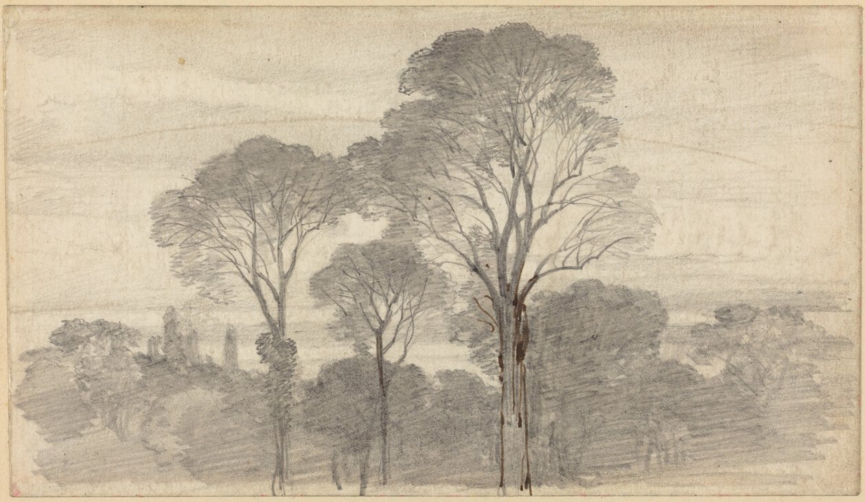 Een avondlandschap met hoge bomen door Myles Birket Foster