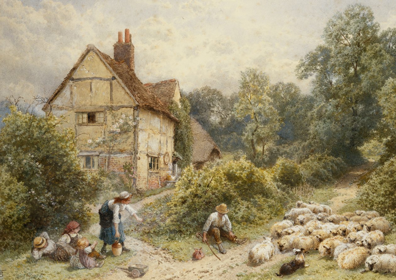 Fowl House Farm, Witley, met Kinderen, een Herder en een Kudde Schapen in de Buurt door Myles Birket Foster