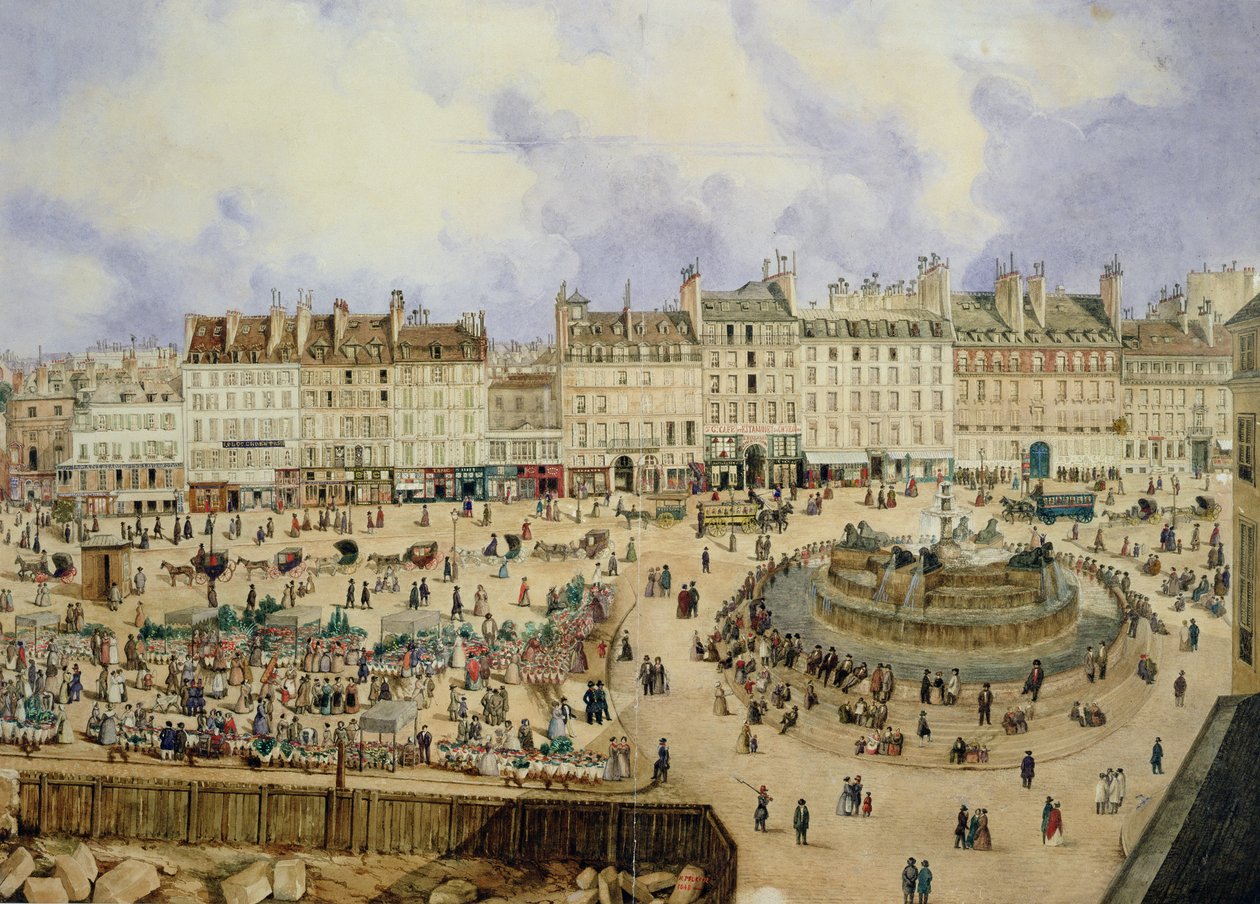 Uitzicht op de Place de la République en de fontein, 1848 door N. Pelcocq
