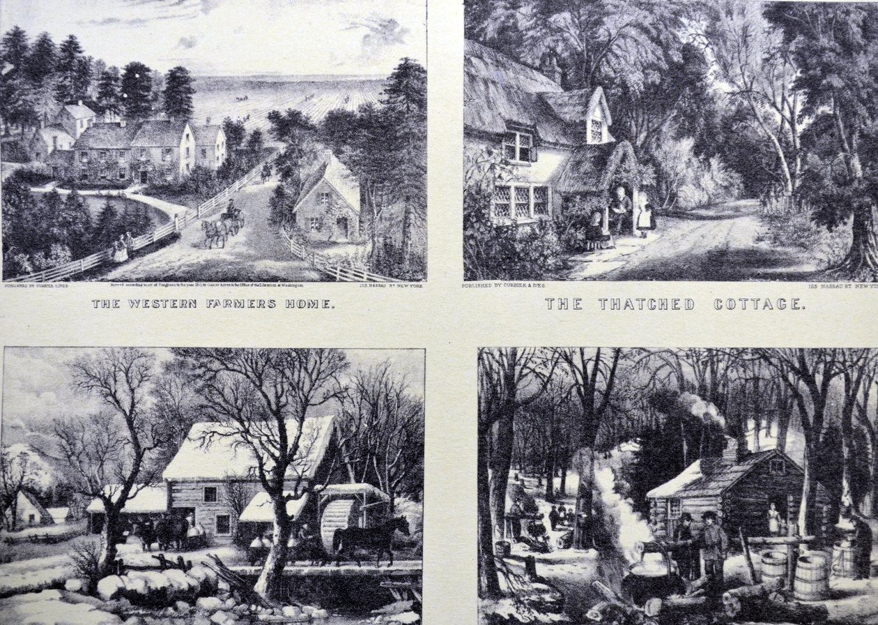 Het Westerse Boerenhuis; Het Rieten Huisje; Bevroren; Maple Sugaring, Vroege Lente in het Noordelijke Bos door N. and Ives, J.M. Currier