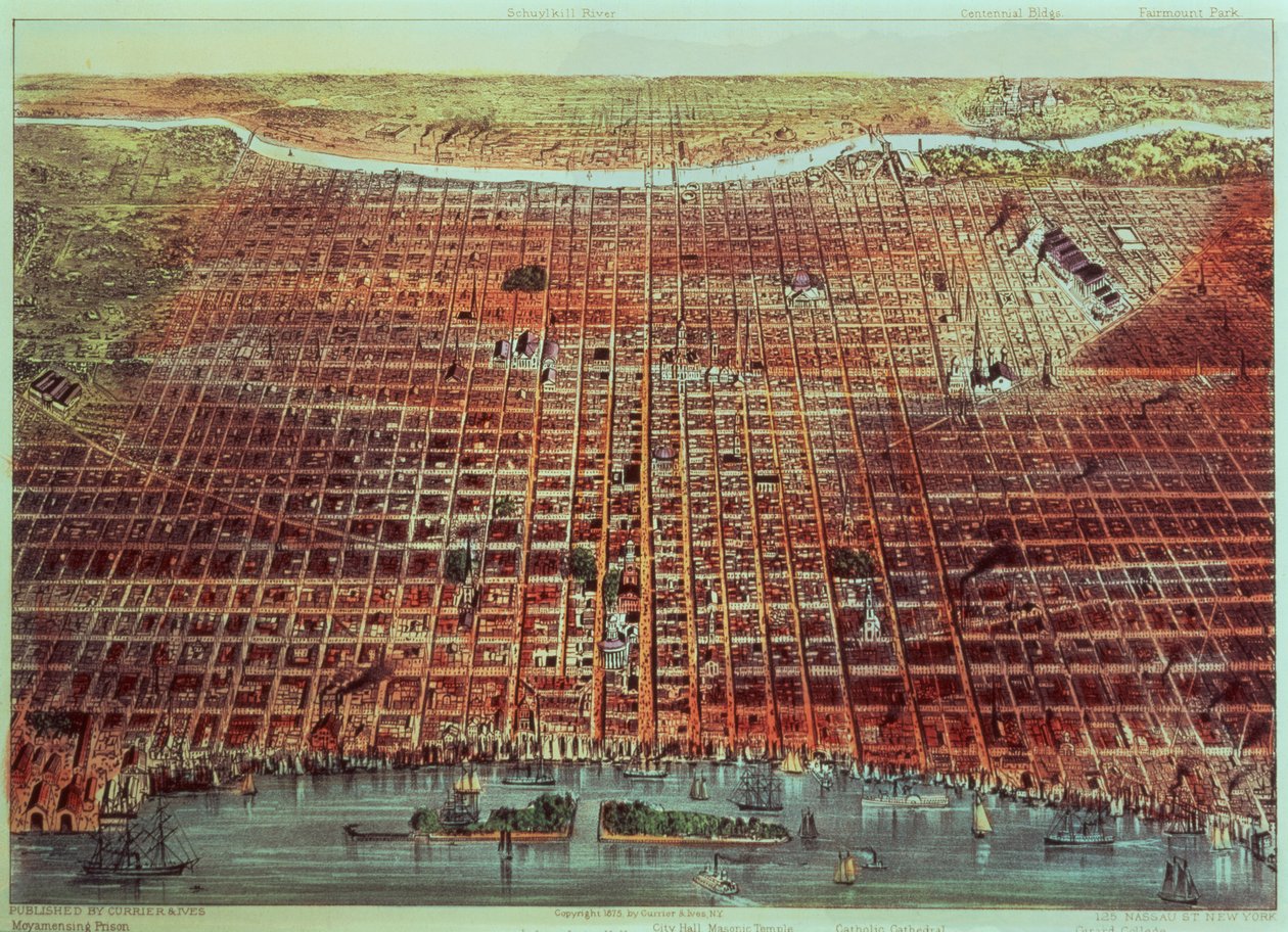 Algemeen uitzicht op Philadelphia, 1875 door N. and Ives, J.M. Currier