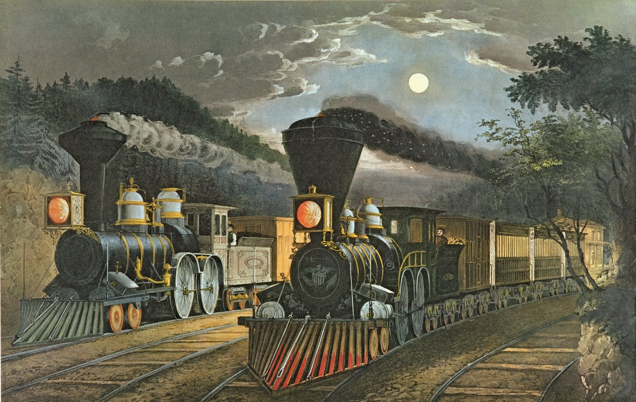 De bliksemsnelle treinen, 1863 door N. and Ives, J.M. Currier