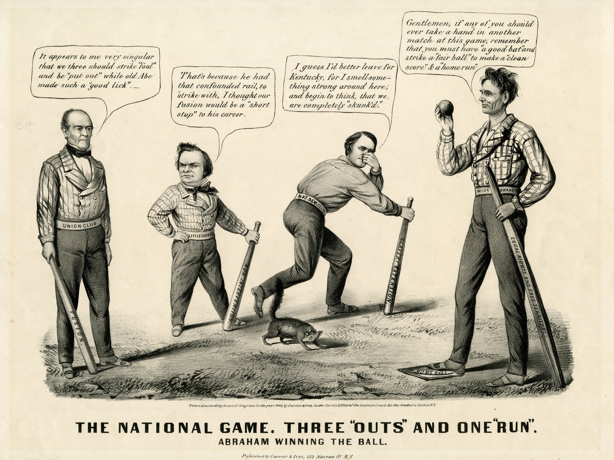 Het nationale spel: Drie uit en één punt, Abraham wint de bal, 1860 door N. and Ives, J.M. Currier