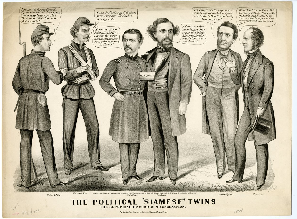 De politieke Siamese tweelingen, de nakomelingen van Chicago Miscegenation door N. and Ives, J.M. Currier