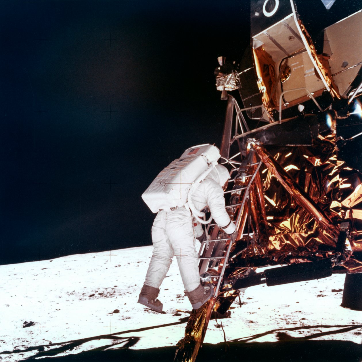 Edwin Buzz Aldrin daalt de ladder van de Lunar Module af om op de maan te lopen, 1969 door NASA Images