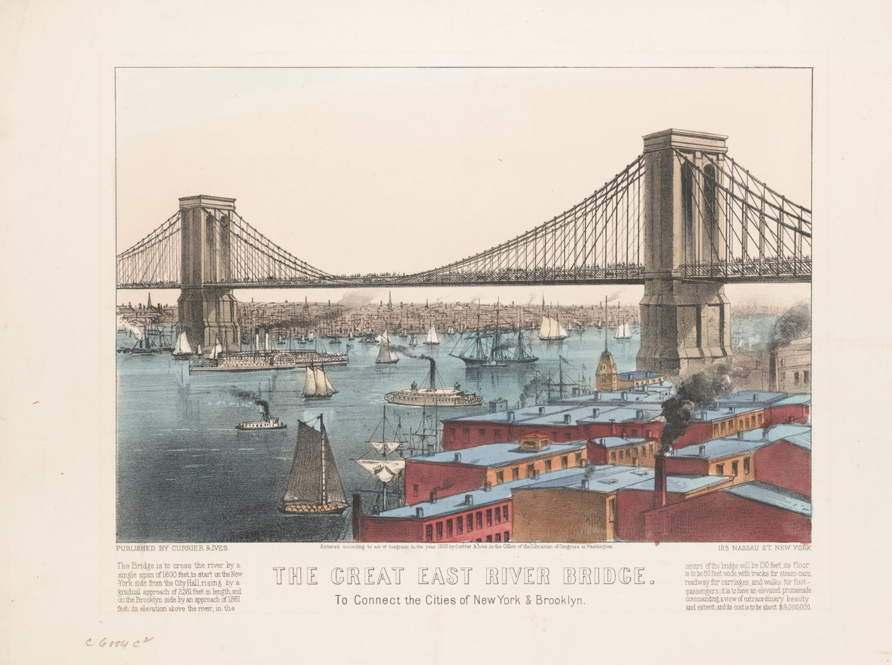 De grote East River brug: om de steden New York en Brooklyn te verbinden, ca. 1872 door Nathaniel Currier