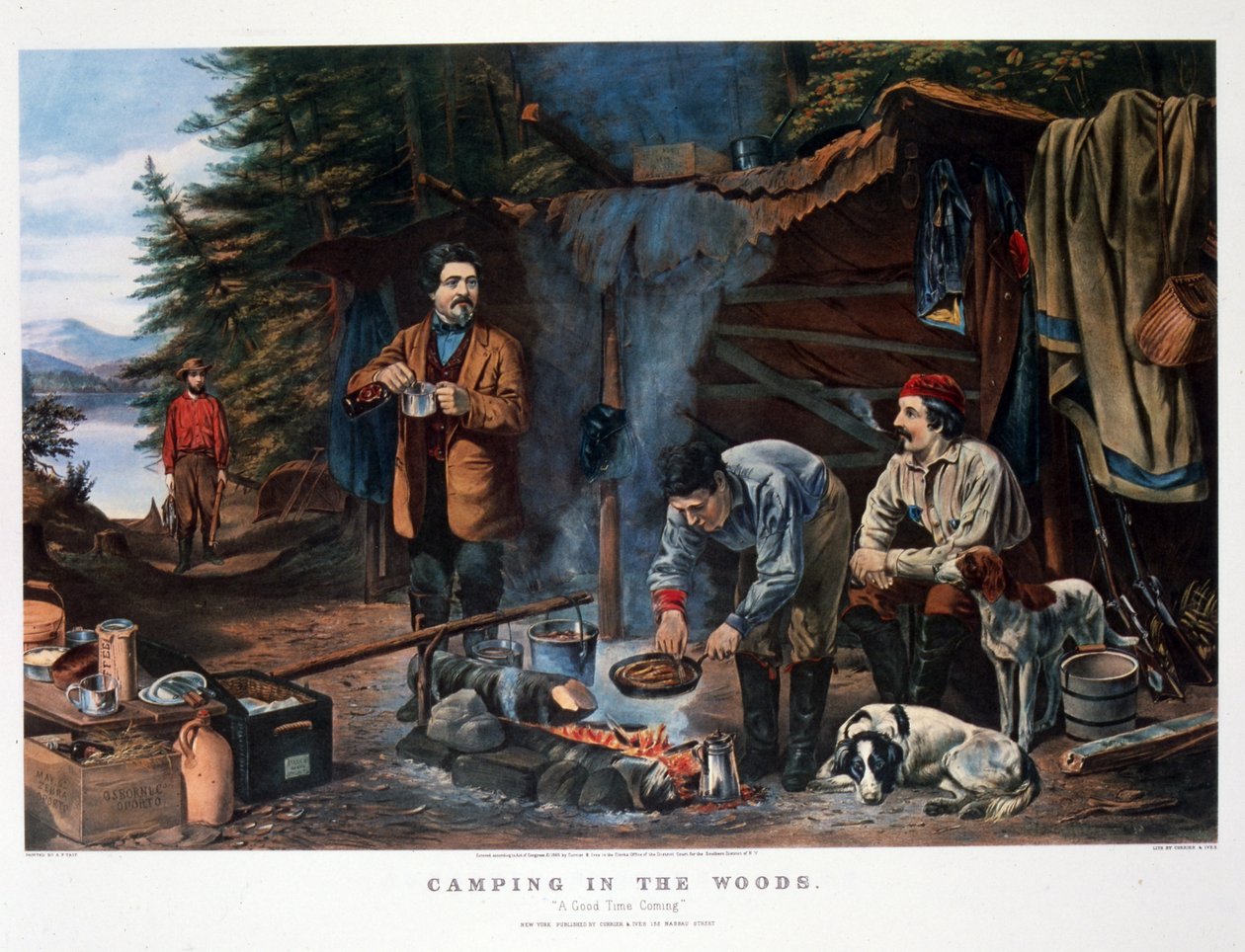 Kamperen in het bos "Een goede tijd komt". Door Arthur Tait (Currier & Ives) door N. and Ives J.M. (1824 95) Currier