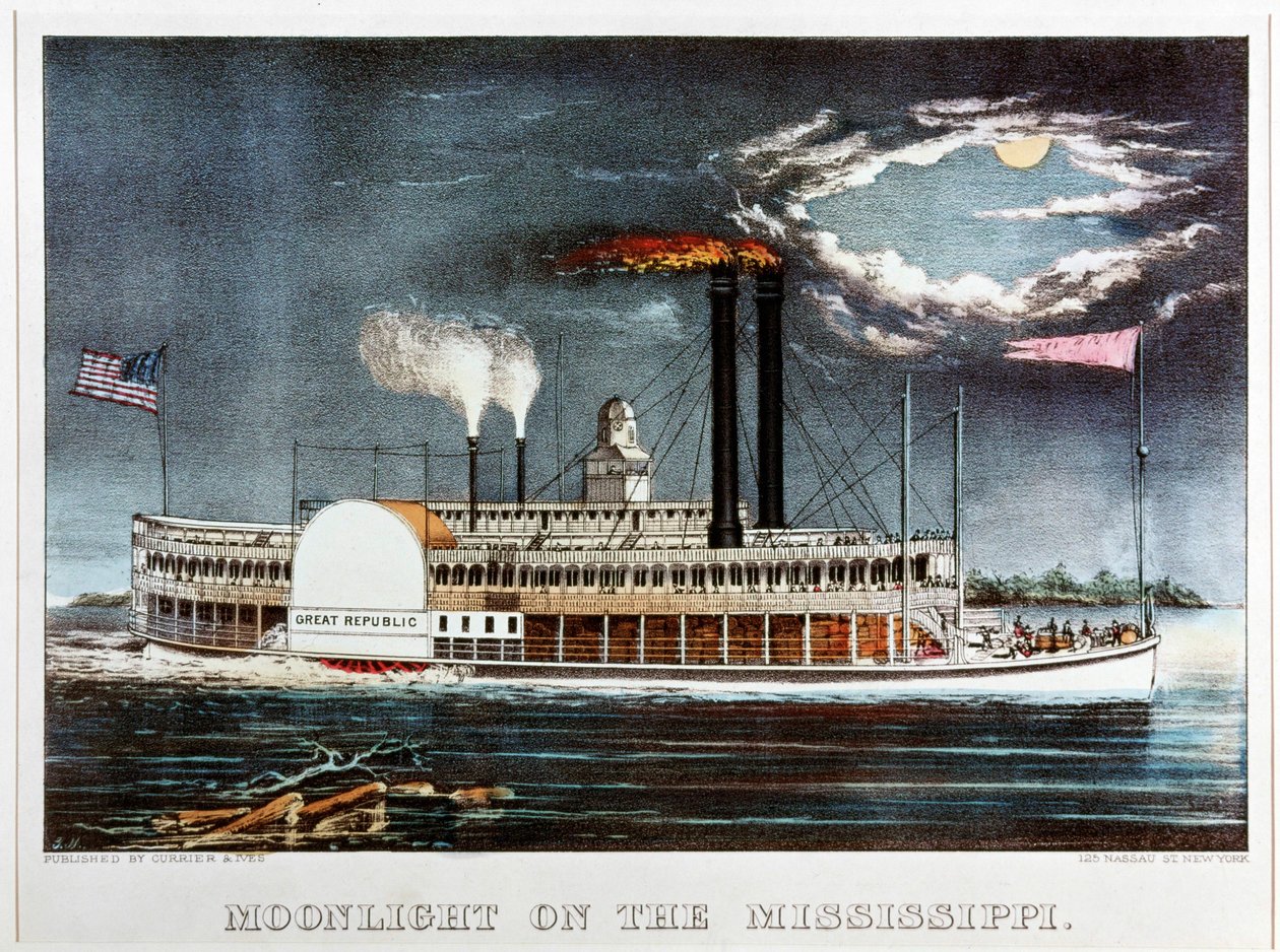 Maanlicht op de Mississippi, stoomschip Great Republic ... (gekleurde print) door N. and Ives J.M. (1824-95) Currier