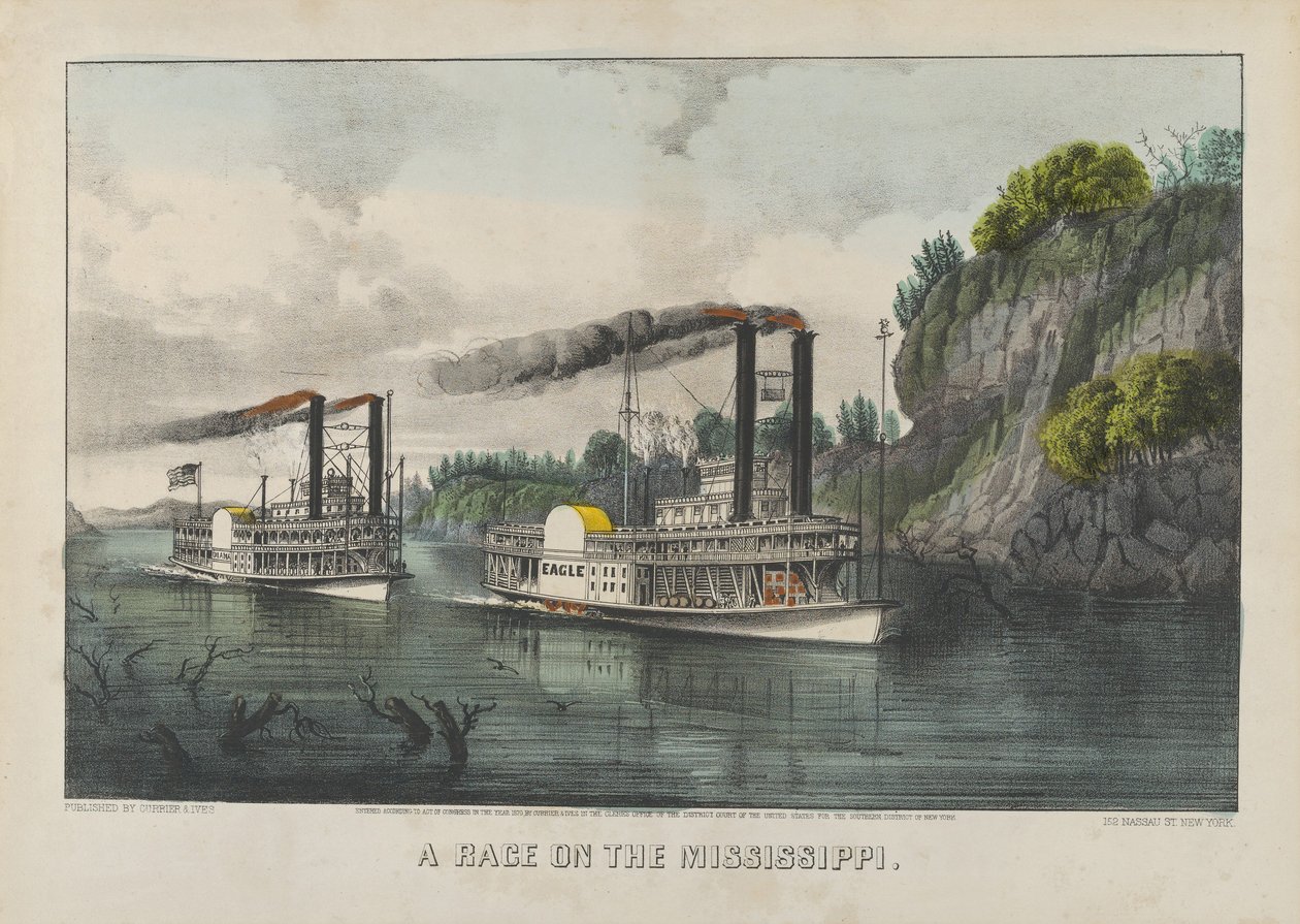 Een race op de Mississippi door Currier and Ives