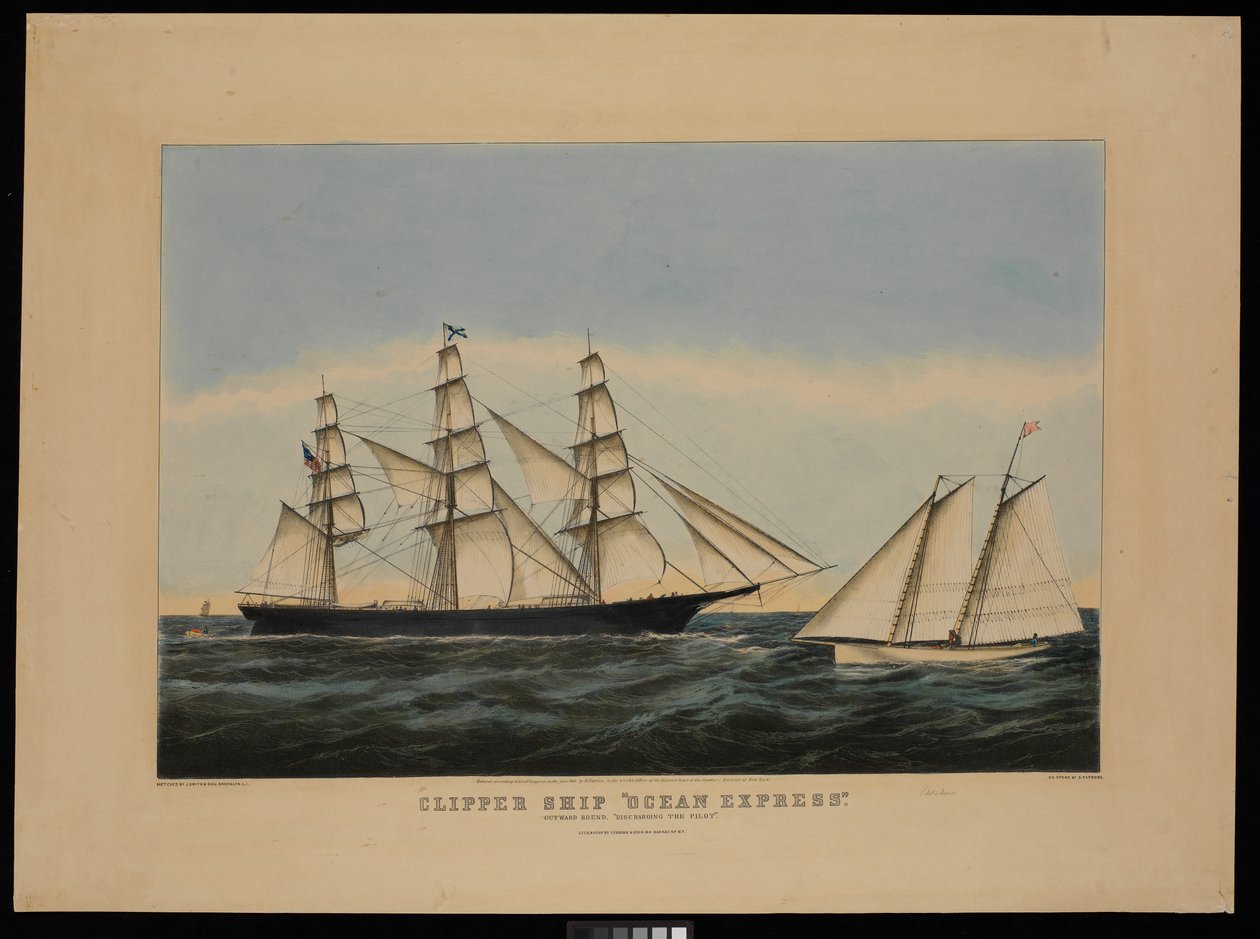Klipperschip Ocean Express op weg "de loods ontschepen" door N. and Ives J.M. (1824 95) Currier