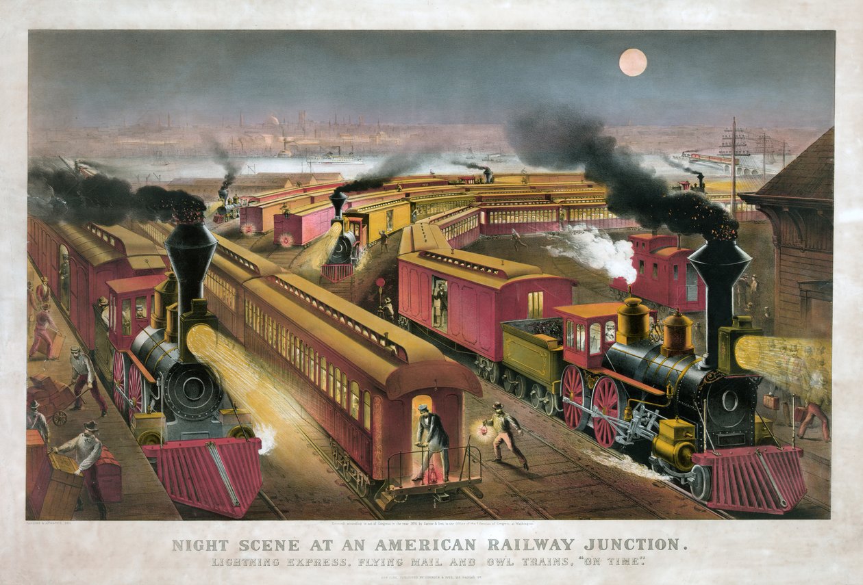 Nacht Scène bij een Amerikaans Spoorwegknooppunt door Currier & Ives door Currier and Ives