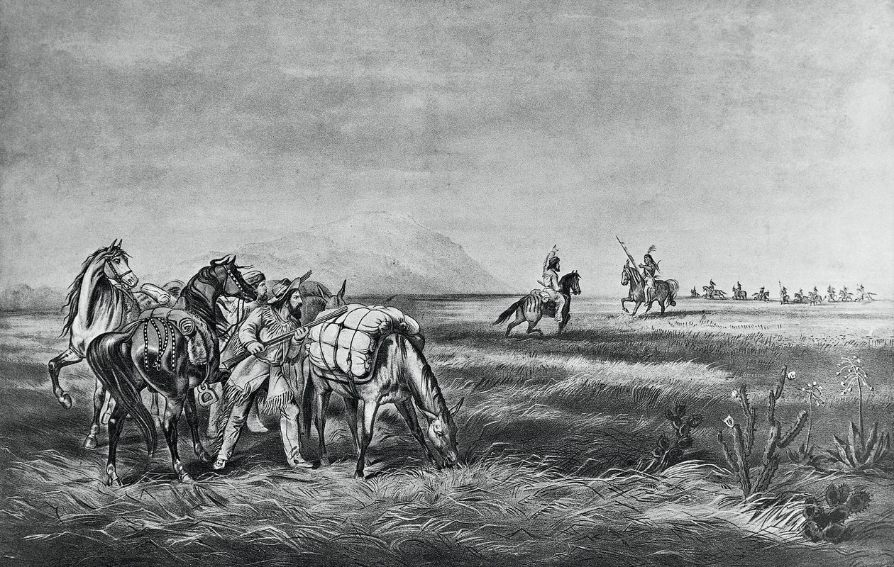 Vrede of oorlog, ontmoeting tussen de Indianen en blanke jagers, uitgegeven door Colin Simkin door Currier and Ives